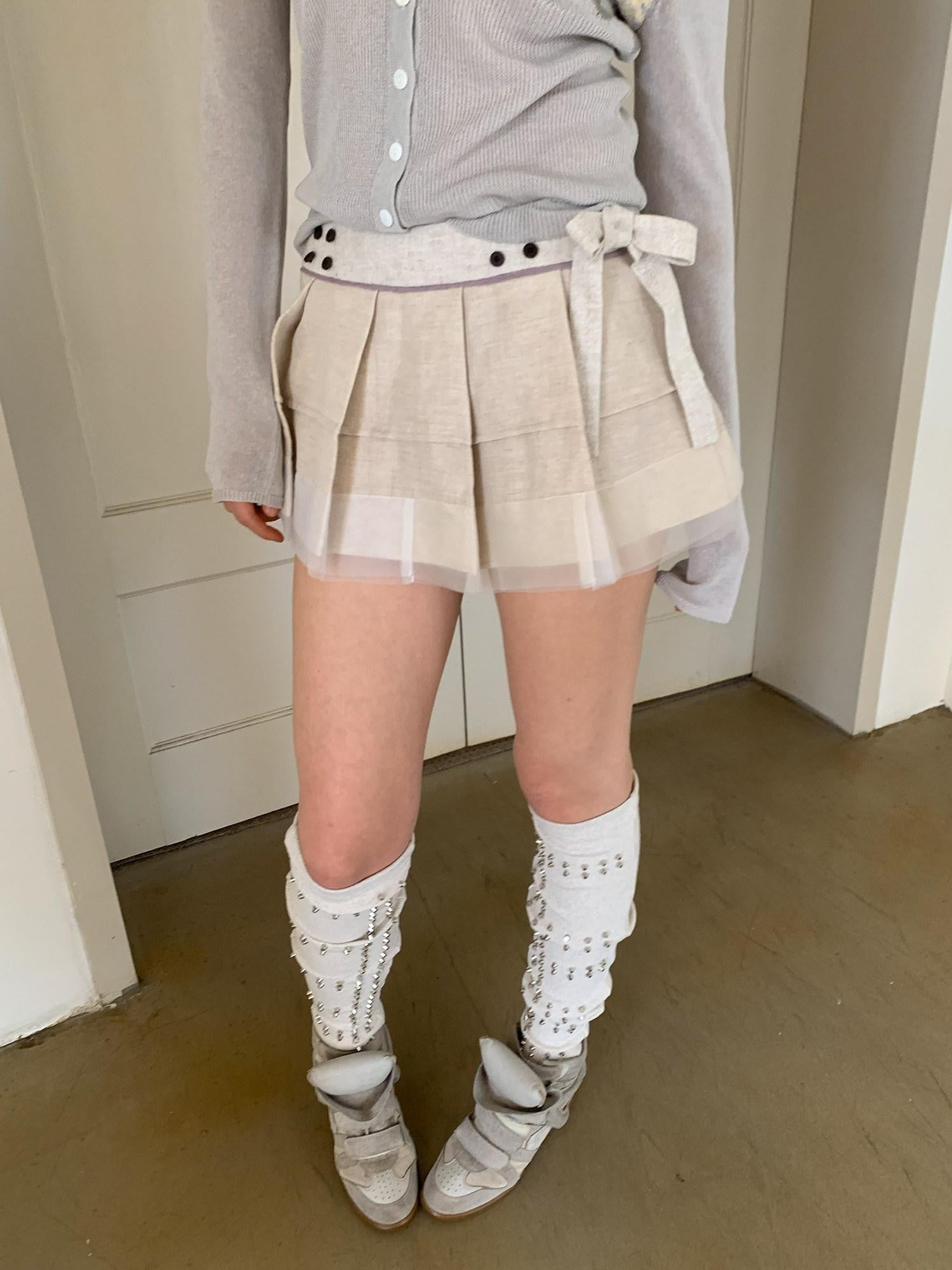 UNIVERSE Ballet Layered Tulle Splice Pleated Waist Women's Linen Cotton Mini Skirts