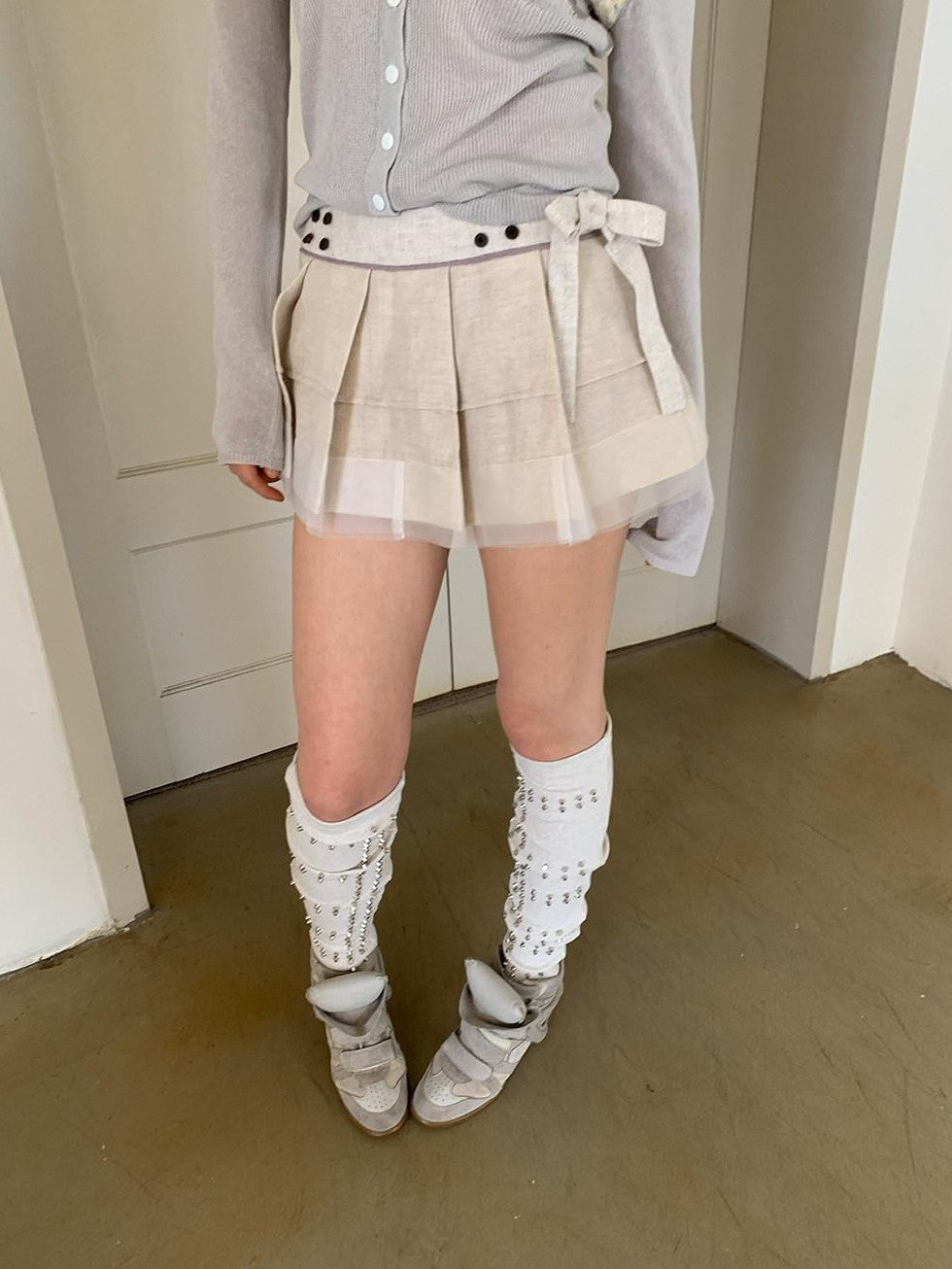UNIVERSE Ballet Layered Tulle Splice Pleated Waist Women's Linen Cotton Mini Skirts