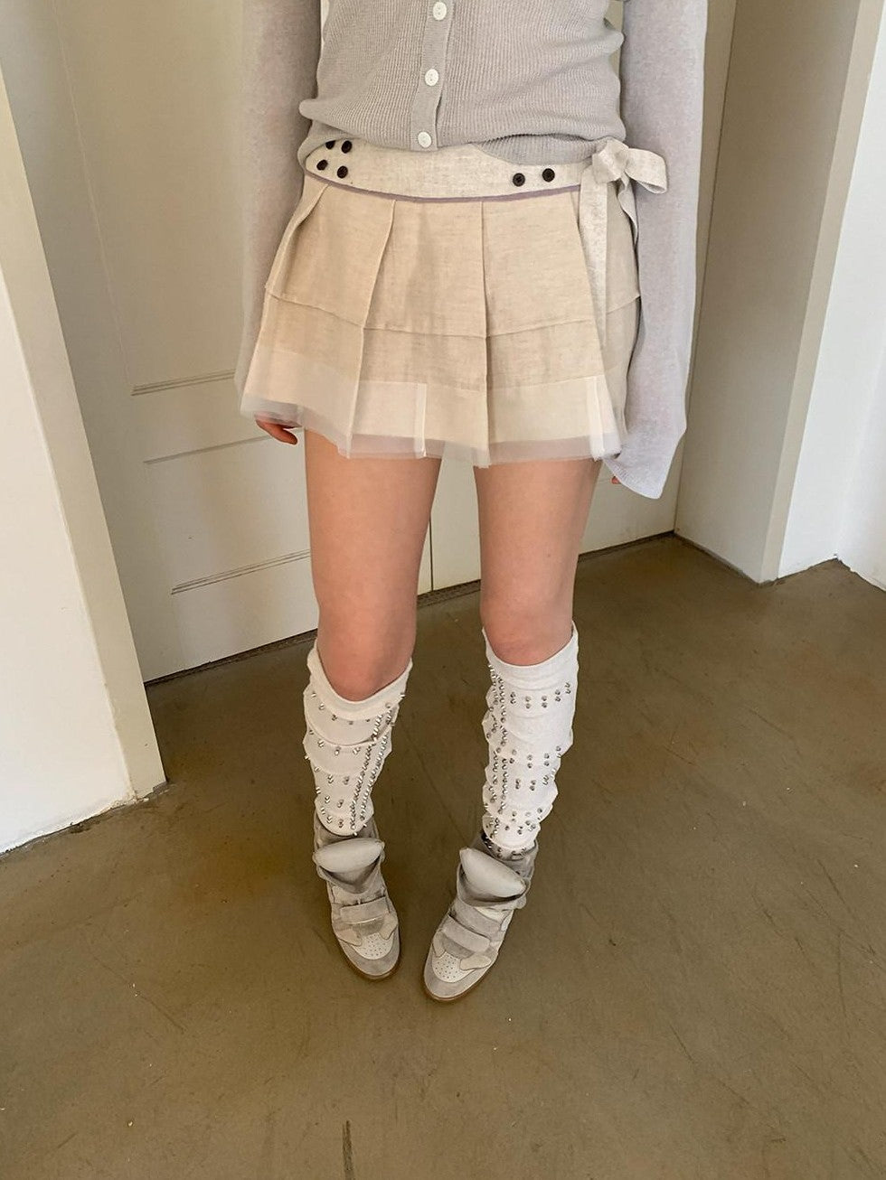 UNIVERSE Ballet Layered Tulle Splice Pleated Waist Women's Linen Cotton Mini Skirts