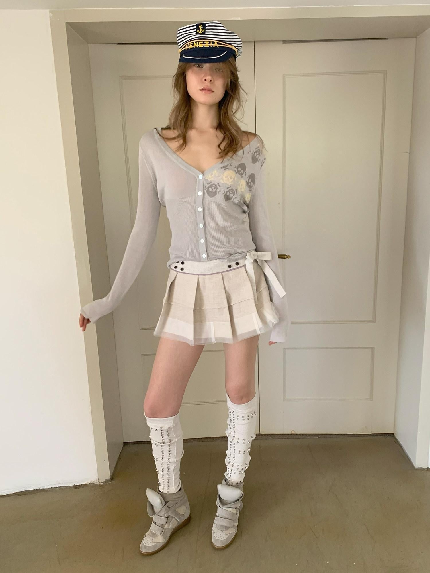 UNIVERSE Ballet Layered Tulle Splice Pleated Waist Women's Linen Cotton Mini Skirts