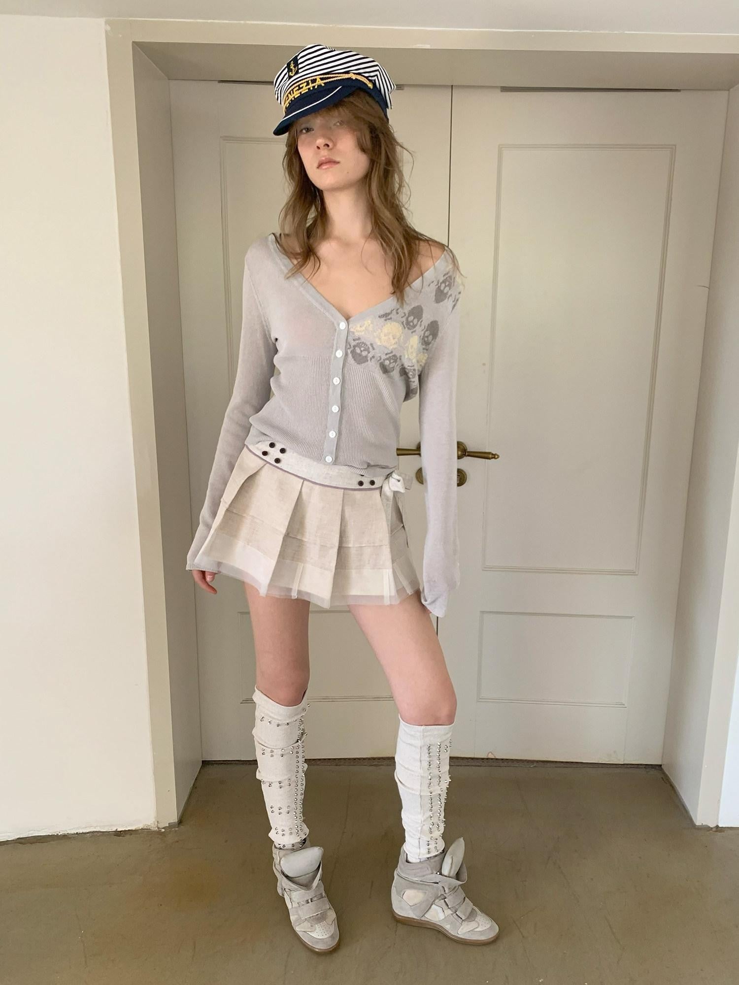 UNIVERSE Ballet Layered Tulle Splice Pleated Waist Women's Linen Cotton Mini Skirts