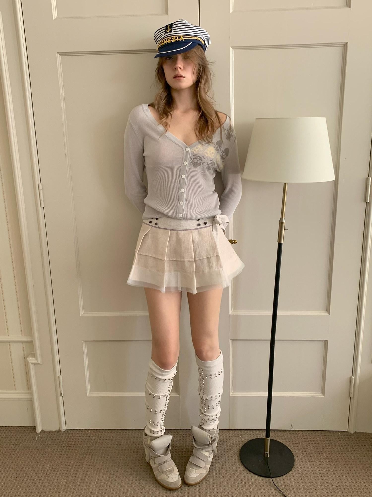 UNIVERSE Ballet Layered Tulle Splice Pleated Waist Women's Linen Cotton Mini Skirts