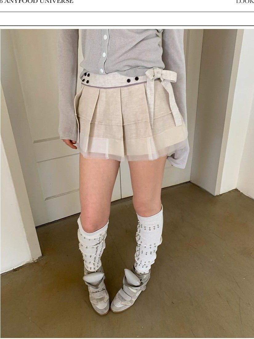 UNIVERSE Ballet Layered Tulle Splice Pleated Waist Women's Linen Cotton Mini Skirts