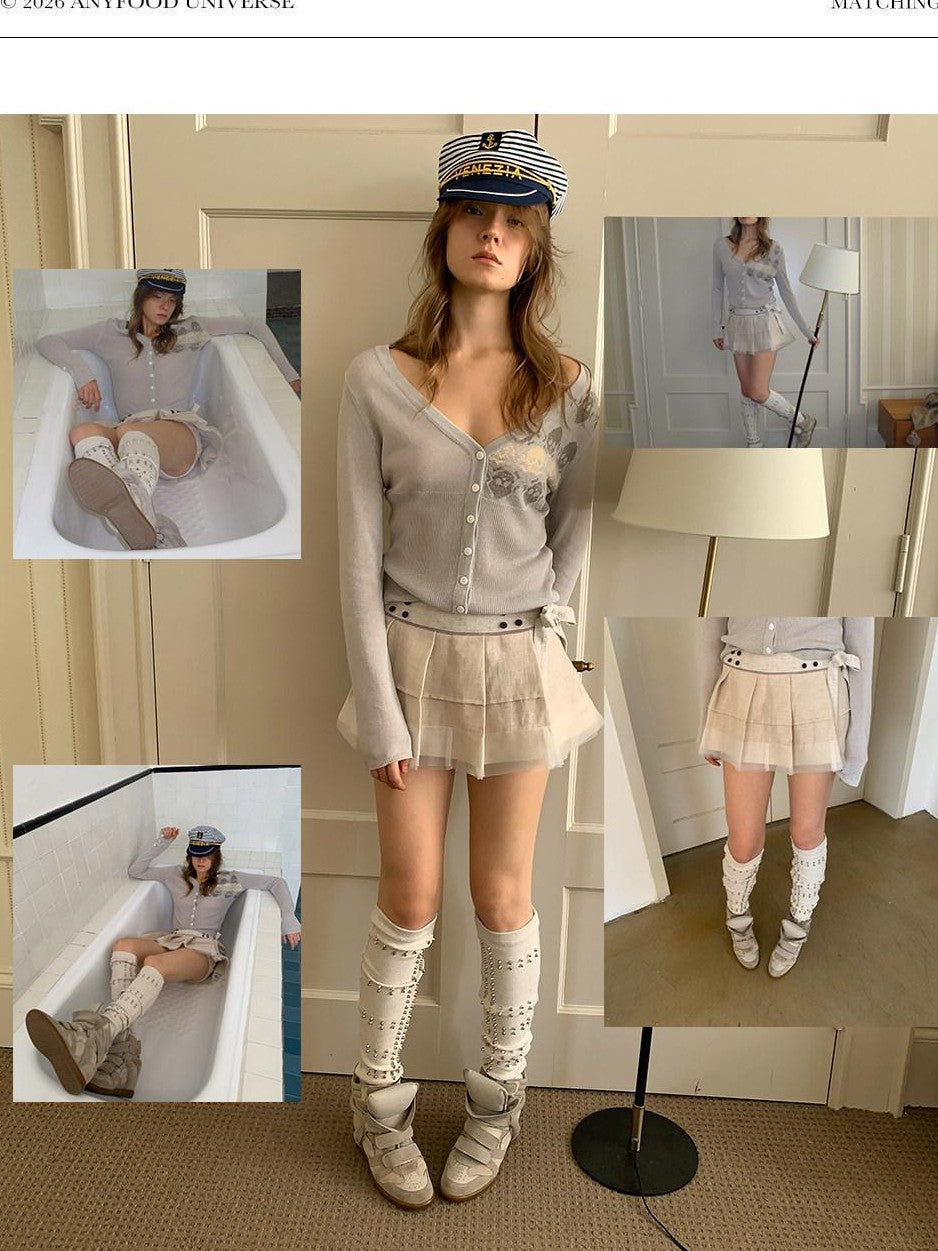 UNIVERSE Ballet Layered Tulle Splice Pleated Waist Women's Linen Cotton Mini Skirts