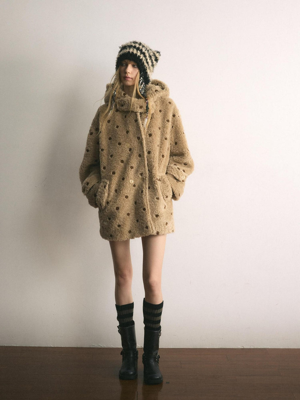 UNIVERSE Barn Style Embroidered Polka Dot Hooded Women's Fleece Lined Fleece Jackets
