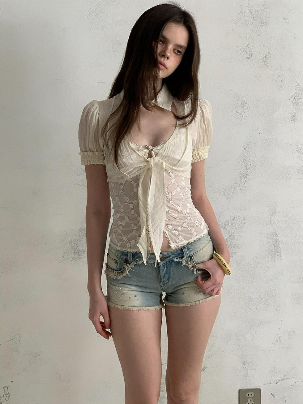 UNIVERSE Baroque Lace Cutout Sheer Tie Bardot Short Sleeve Women's Cupro Blend Crop Tops