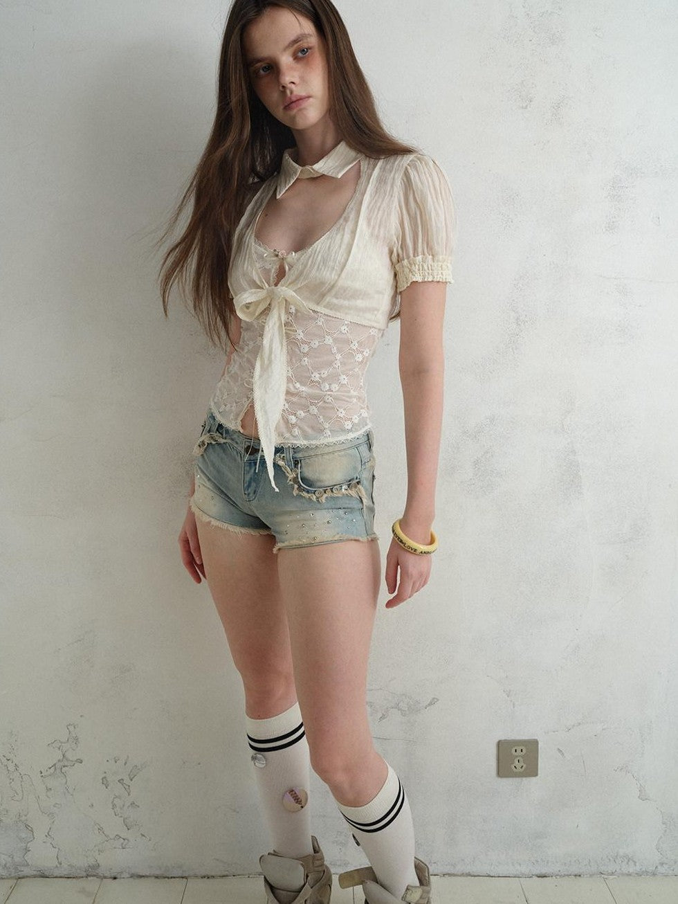 UNIVERSE Baroque Lace Cutout Sheer Tie Bardot Short Sleeve Women's Cupro Blend Crop Tops