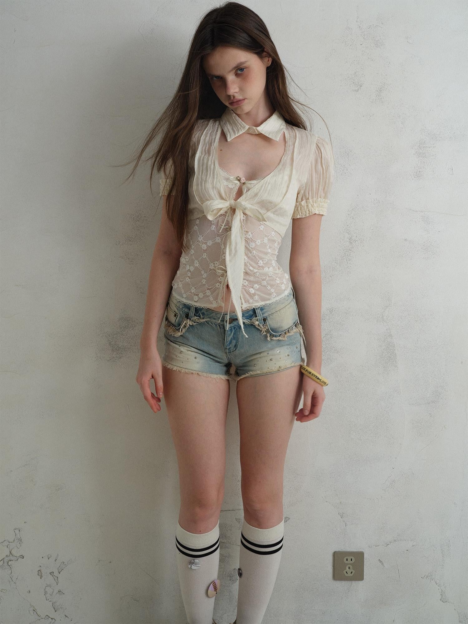 UNIVERSE Baroque Lace Cutout Sheer Tie Bardot Short Sleeve Women's Cupro Blend Crop Tops