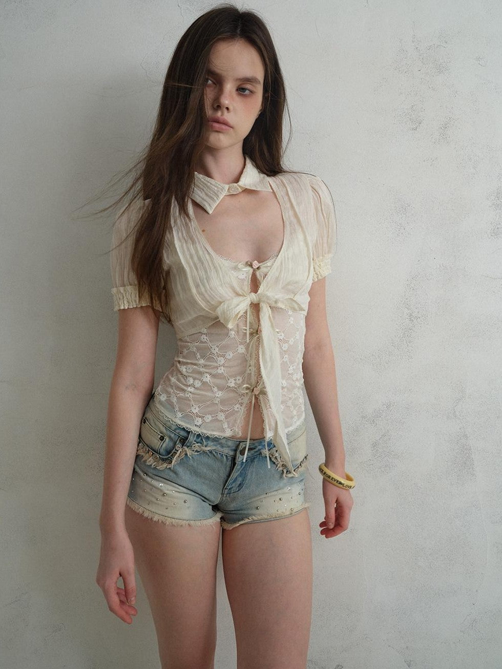 UNIVERSE Baroque Lace Cutout Sheer Tie Bardot Short Sleeve Women's Cupro Blend Crop Tops