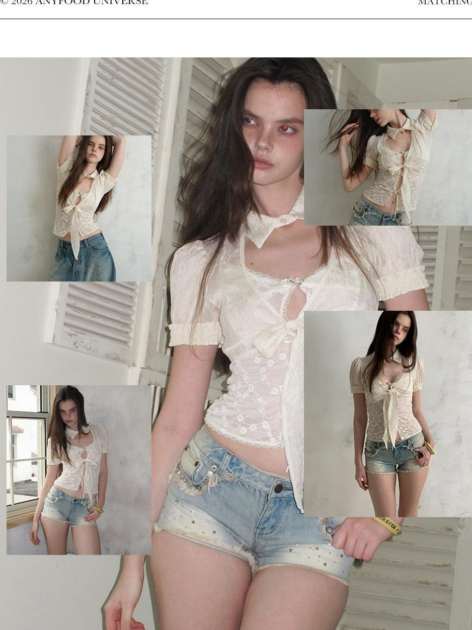 UNIVERSE Baroque Lace Cutout Sheer Tie Bardot Short Sleeve Women's Cupro Blend Crop Tops