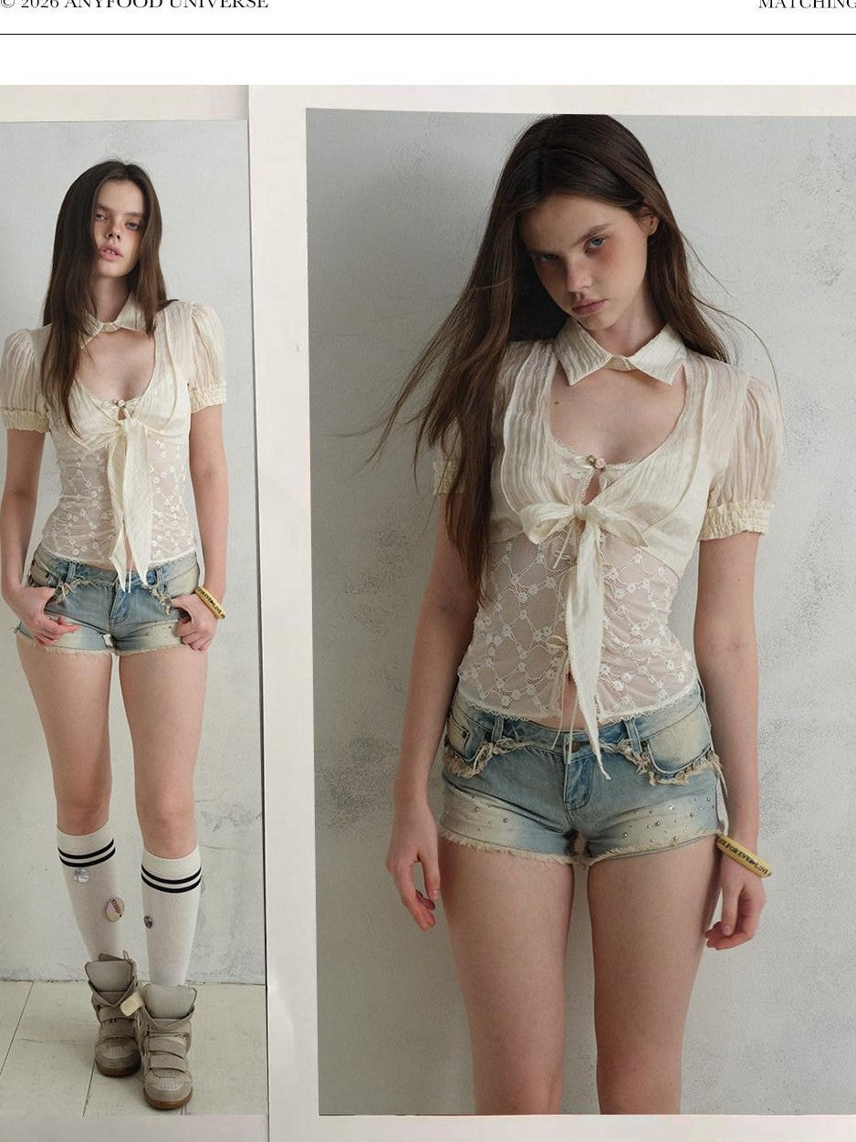 UNIVERSE Baroque Lace Cutout Sheer Tie Bardot Short Sleeve Women's Cupro Blend Crop Tops