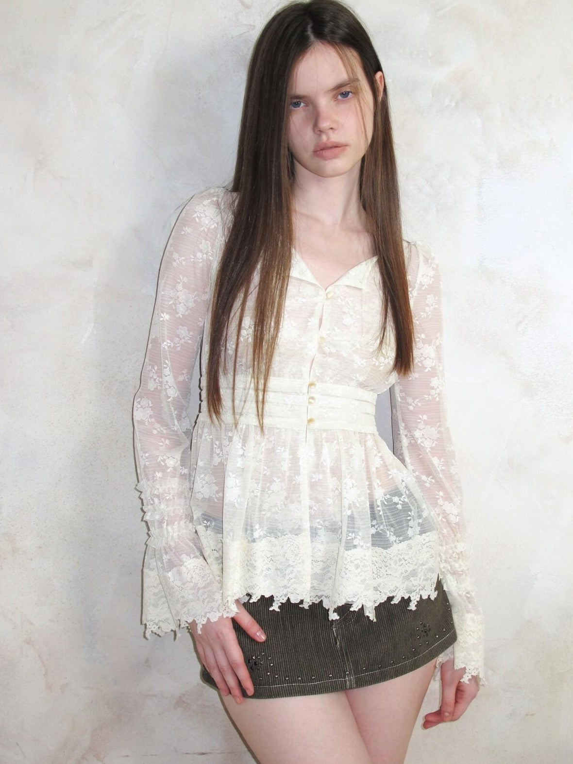 UNIVERSE Baroque Vine V-neck Waist Cinch Long Sleeve Women's Lace Sheer Shirts