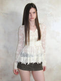 UNIVERSE Baroque Vine V-neck Waist Cinch Long Sleeve Women's Lace Sheer Shirts