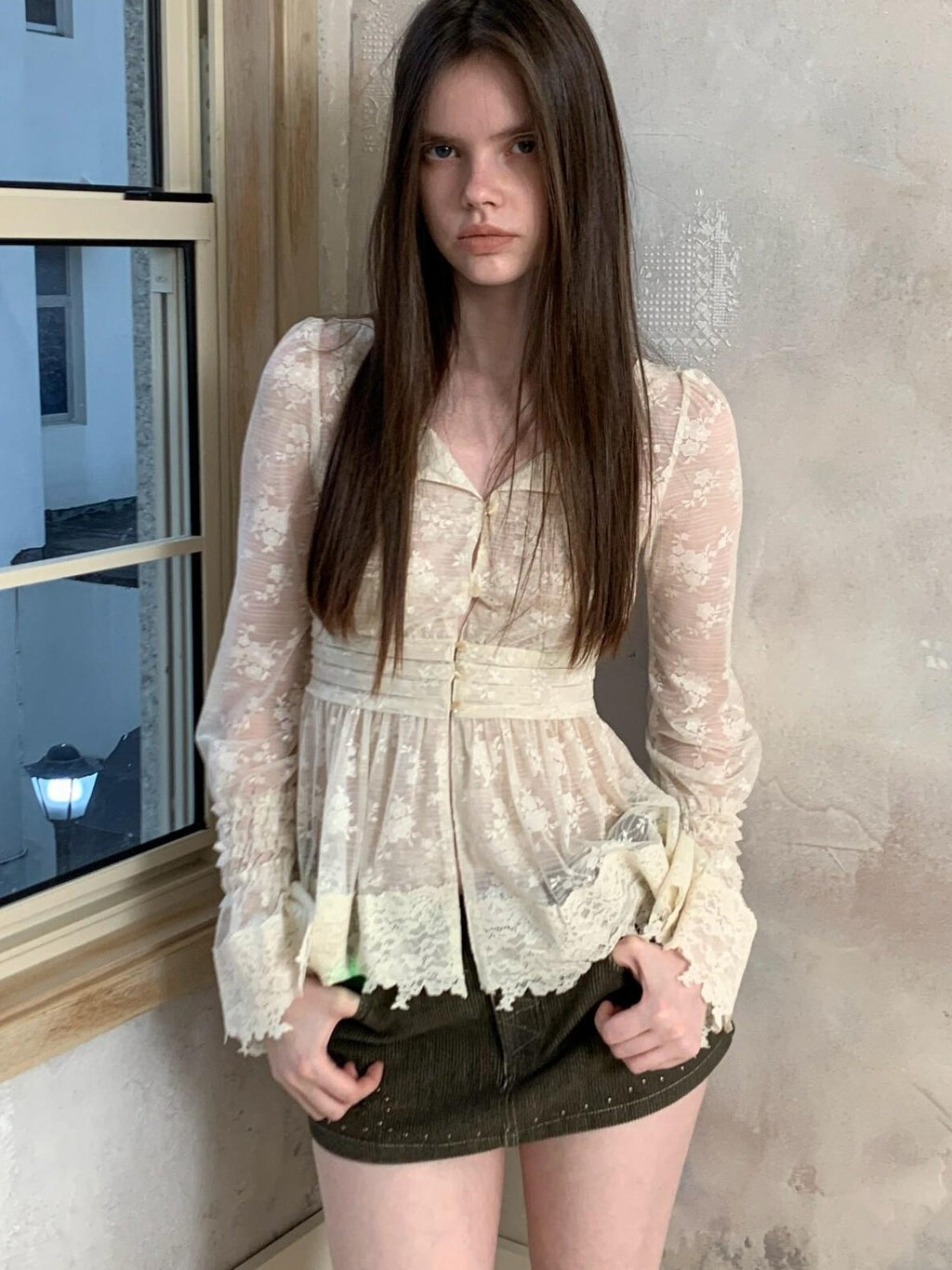 UNIVERSE Baroque Vine V-neck Waist Cinch Long Sleeve Women's Lace Sheer Shirts