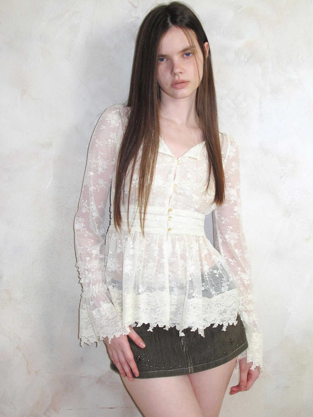 UNIVERSE Baroque Vine V-neck Waist Cinch Long Sleeve Women's Lace Sheer Shirts