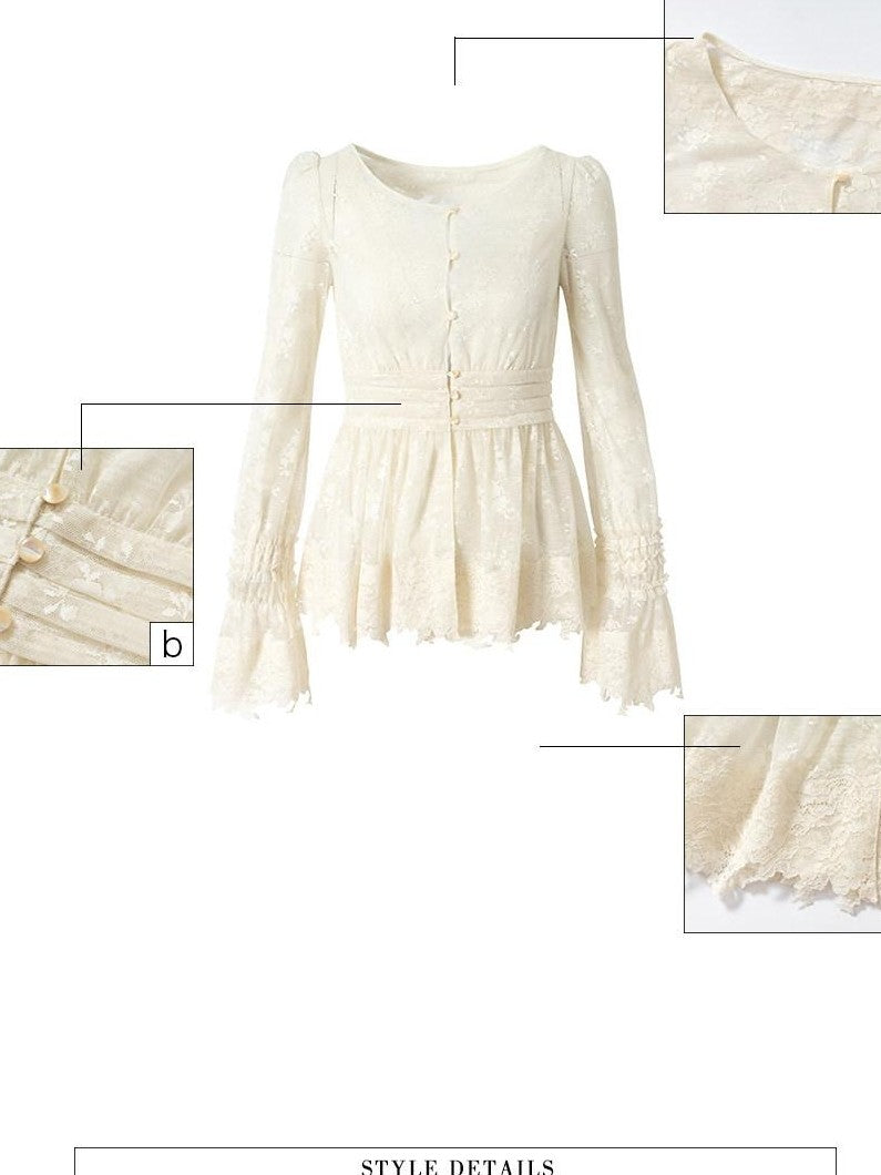 UNIVERSE Baroque Vine V-neck Waist Cinch Long Sleeve Women's Lace Sheer Shirts
