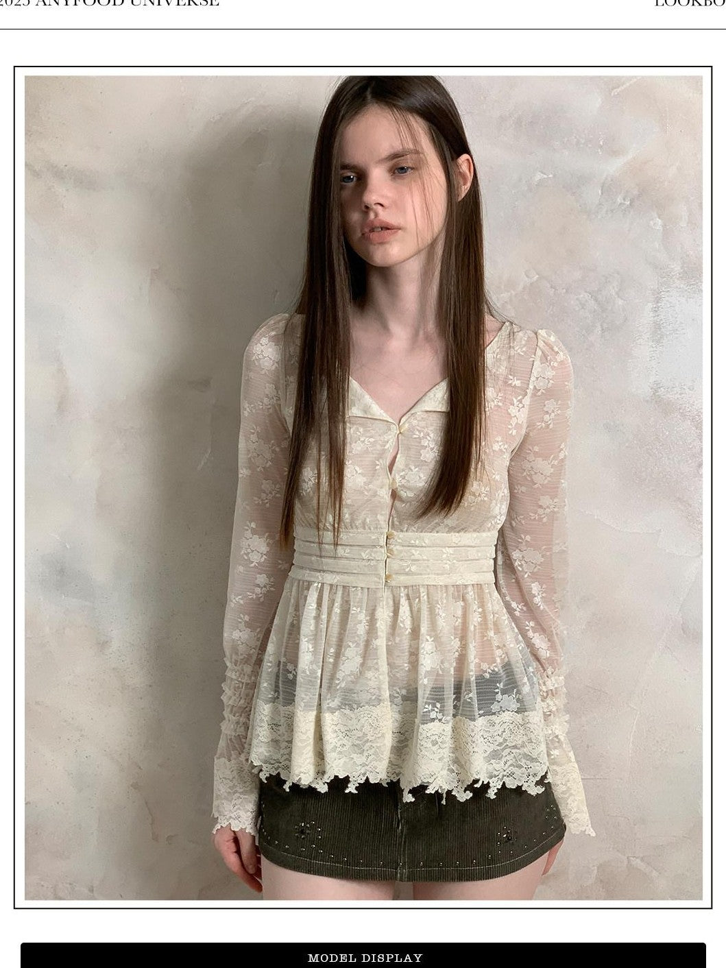 UNIVERSE Baroque Vine V-neck Waist Cinch Long Sleeve Women's Lace Sheer Shirts