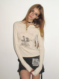 UNIVERSE Beige Distressed Retro Pony Raglan Women's Cotton Long Sleeve T-shirts