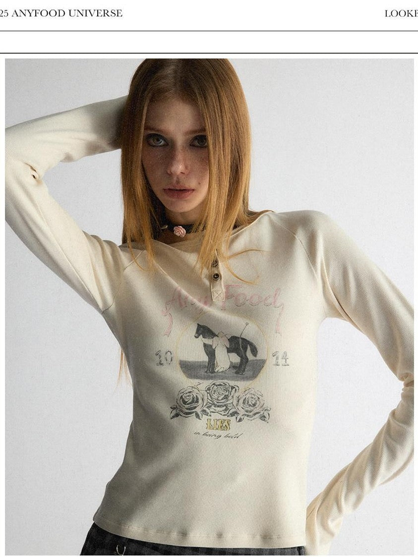 UNIVERSE Beige Distressed Retro Pony Raglan Women's Cotton Long Sleeve T-shirts