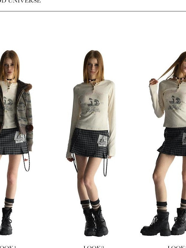 UNIVERSE Beige Distressed Retro Pony Raglan Women's Cotton Long Sleeve T-shirts