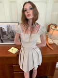 UNIVERSE Beige Plaid Puff Sleeve Pleated Square Neck Women's Casual Mini Dresses