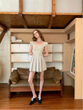 UNIVERSE Beige Plaid Puff Sleeve Pleated Square Neck Women's Casual Mini Dresses