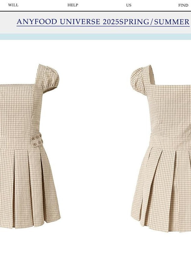 UNIVERSE Beige Plaid Puff Sleeve Pleated Square Neck Women's Casual Mini Dresses