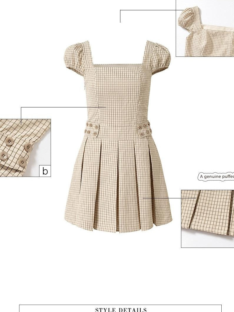 UNIVERSE Beige Plaid Puff Sleeve Pleated Square Neck Women's Casual Mini Dresses