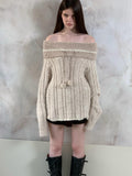UNIVERSE Beige Vintage Boatneck Women's Cotton Knit Off-shoulder Sweaters