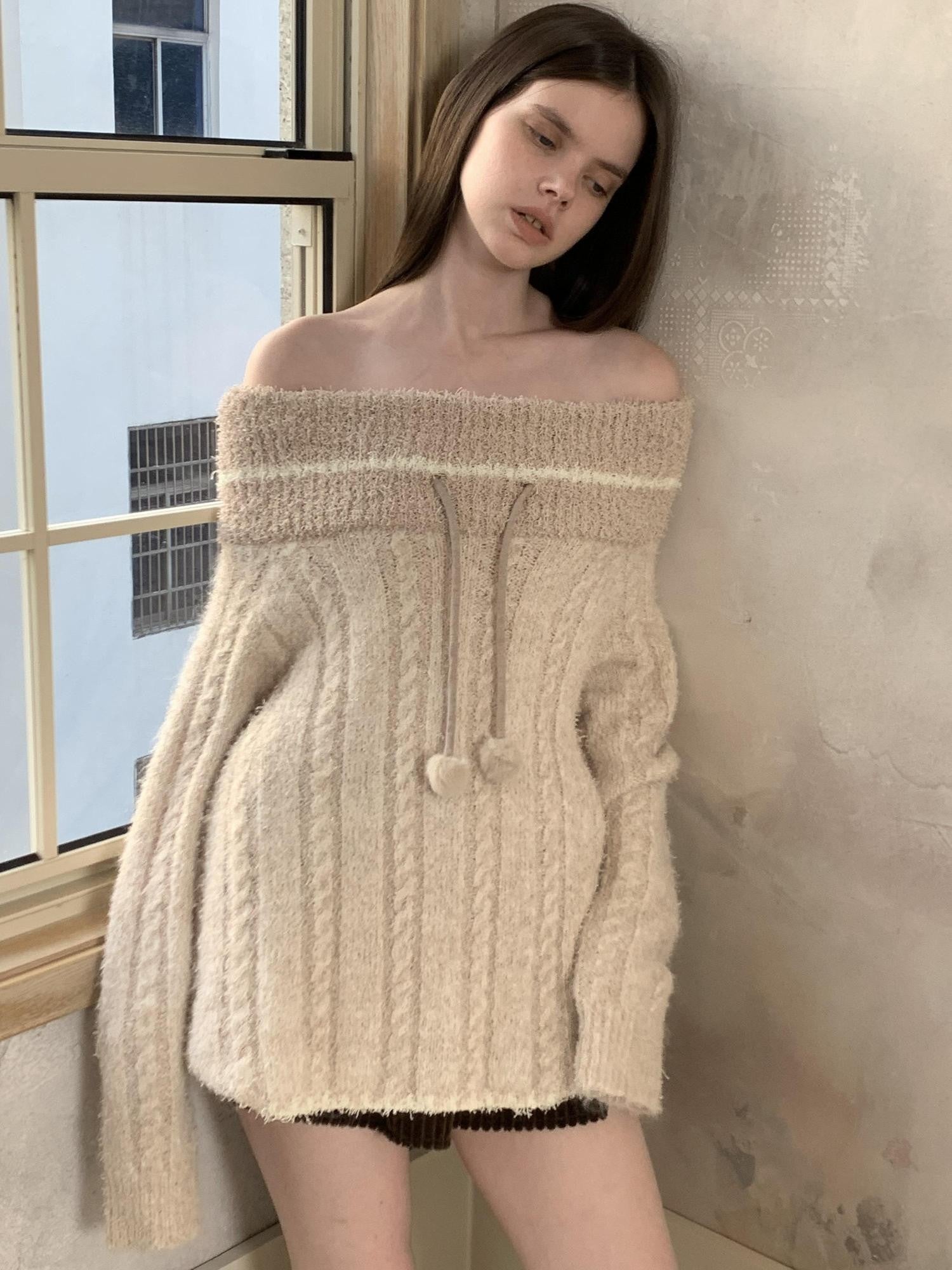 UNIVERSE Beige Vintage Boatneck Women's Cotton Knit Off-shoulder Sweaters
