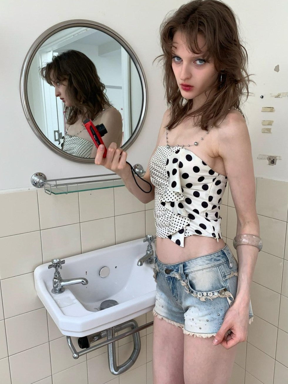 UNIVERSE Black White Polka Dot Bow Short Slim Fit Women's Polyester Tube Tops