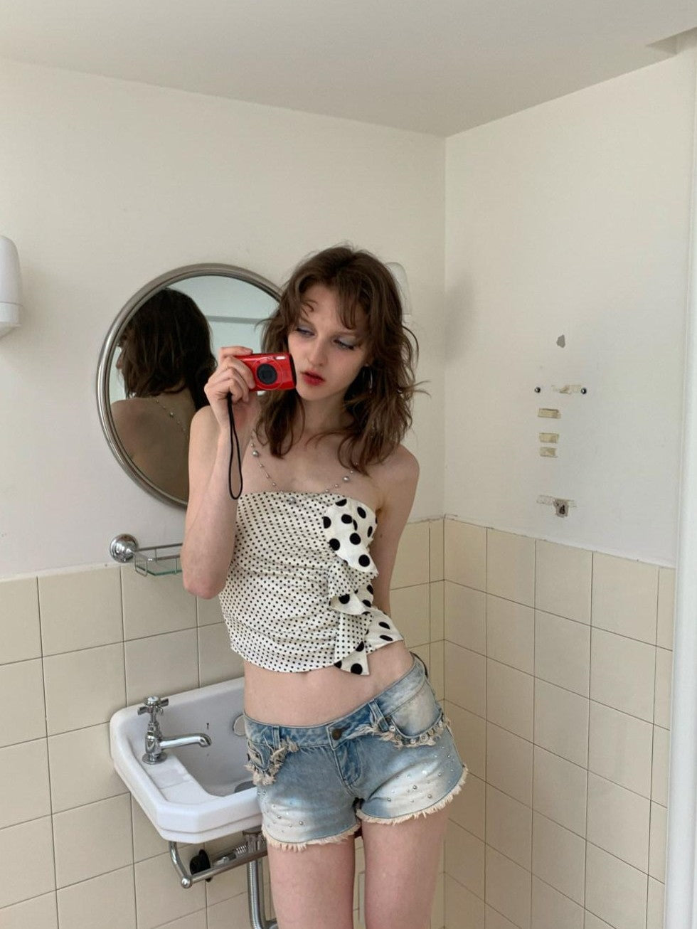 UNIVERSE Black White Polka Dot Bow Short Slim Fit Women's Polyester Tube Tops