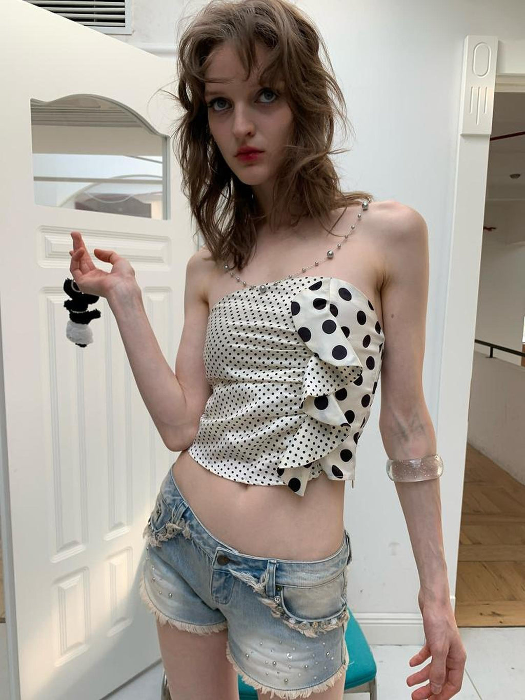 UNIVERSE Black White Polka Dot Bow Short Slim Fit Women's Polyester Tube Tops