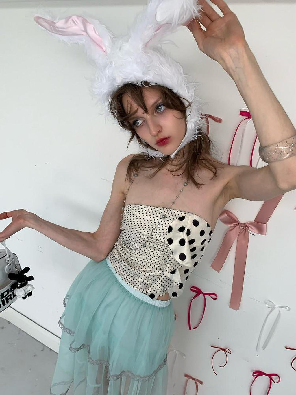 UNIVERSE Black White Polka Dot Bow Short Slim Fit Women's Polyester Tube Tops
