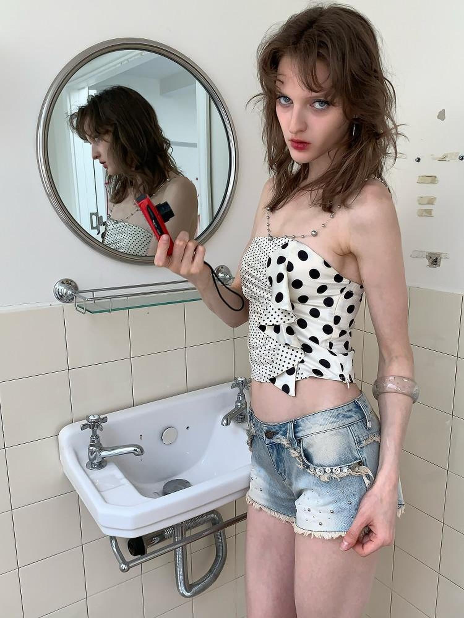 UNIVERSE Black White Polka Dot Bow Short Slim Fit Women's Polyester Tube Tops