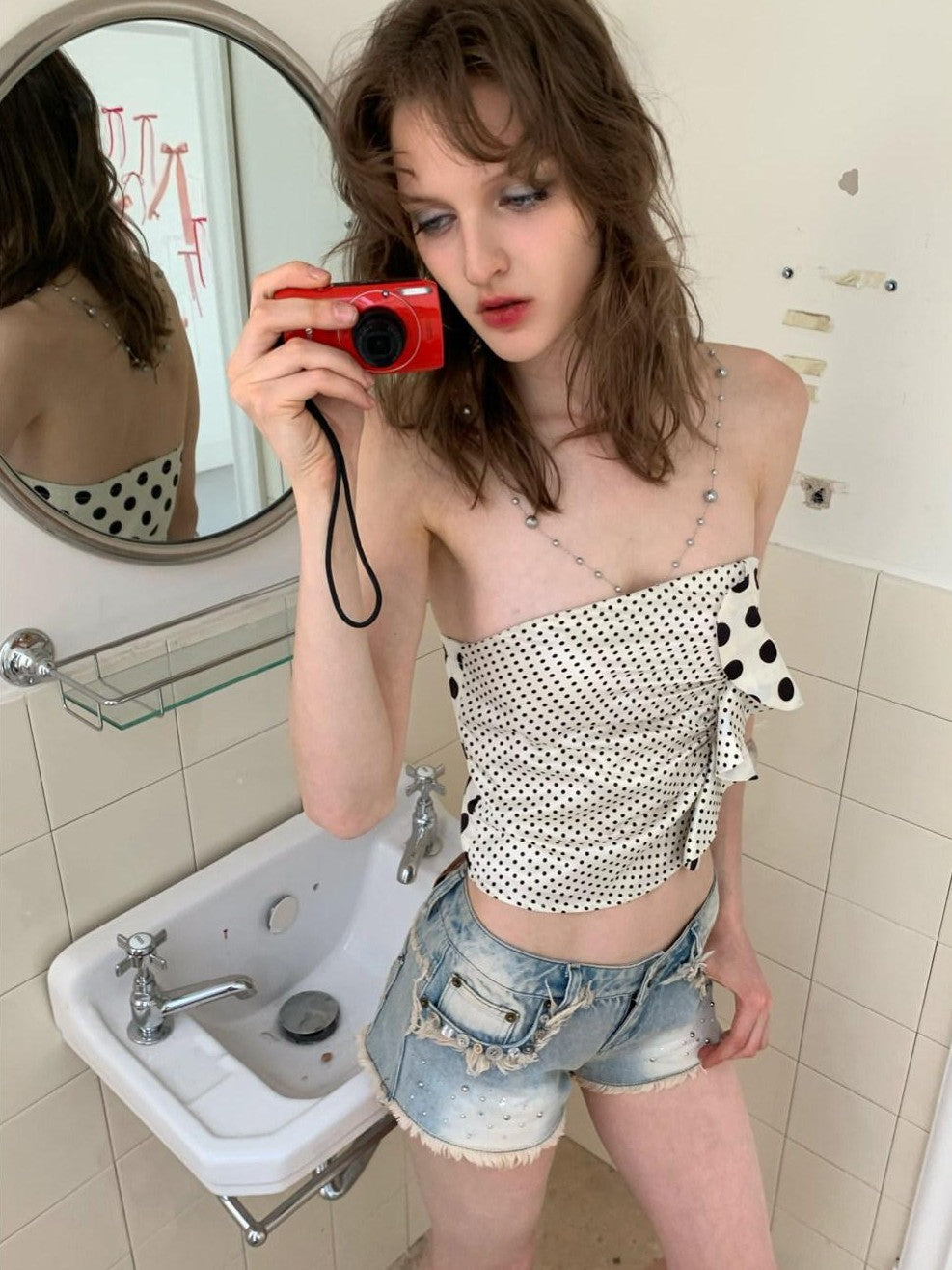 UNIVERSE Black White Polka Dot Bow Short Slim Fit Women's Polyester Tube Tops