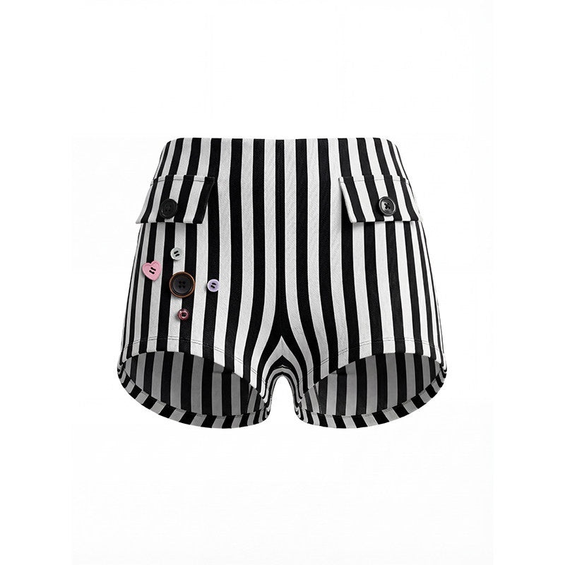 UNIVERSE_Black_White_Stripe_Knitted_Button_Retro_Midrise_Slim_Women's_Denim_Shorts_1039535536592_MISSTT