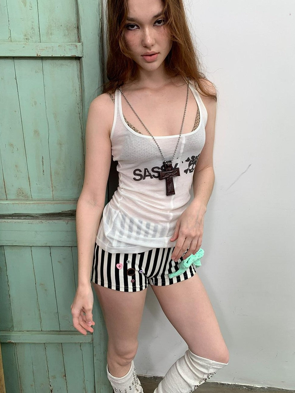 UNIVERSE Black White Stripe Knitted Button Retro Midrise Slim Women's Denim Shorts