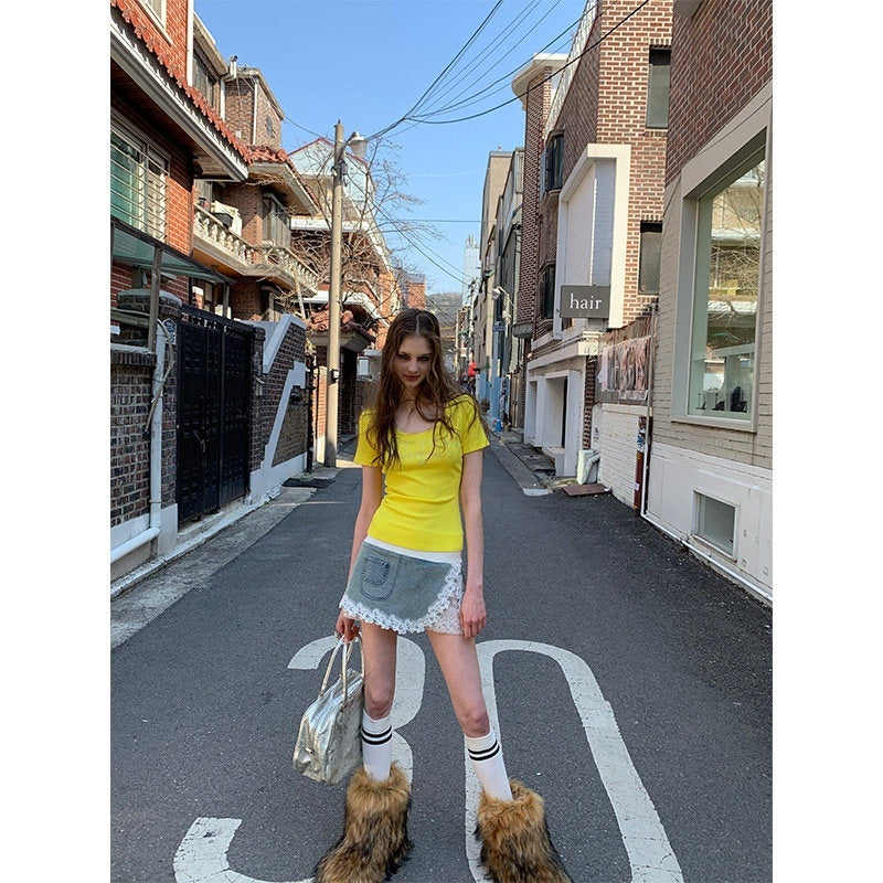 UNIVERSE_Bright_Yellow_Rhinestone_Slim_Women's_Cotton_Short_Sleeve_T-shirts_773054007714_MISSTT