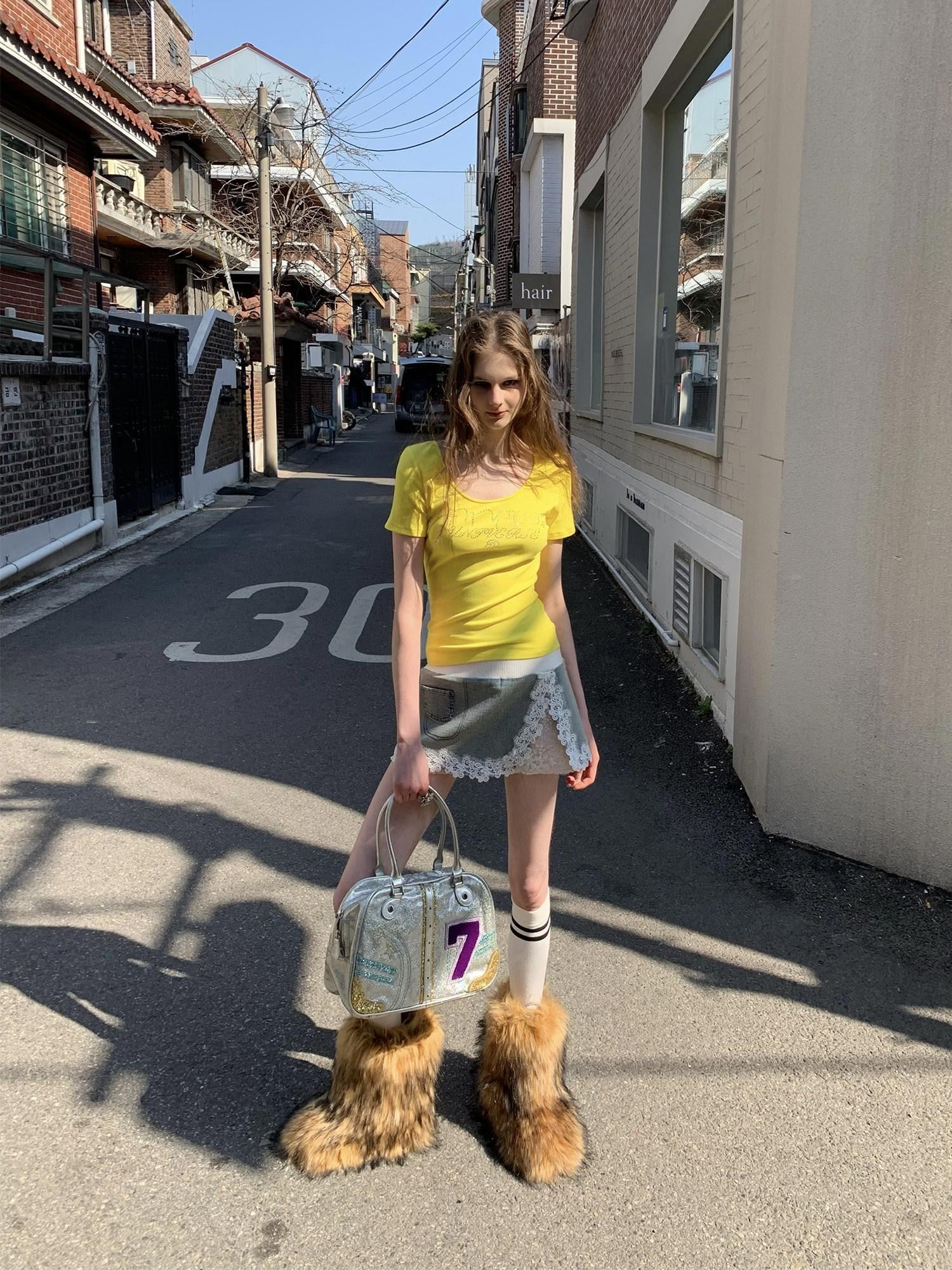UNIVERSE Bright Yellow Rhinestone Slim Women's Cotton Short Sleeve T-shirts