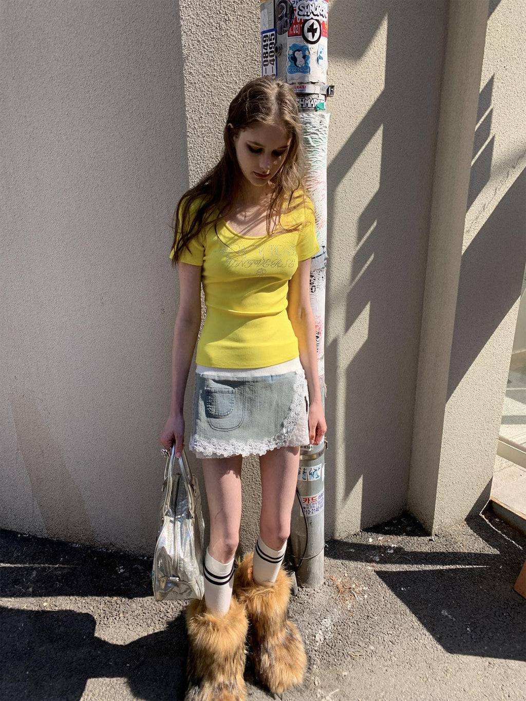 UNIVERSE Bright Yellow Rhinestone Slim Women's Cotton Short Sleeve T-shirts