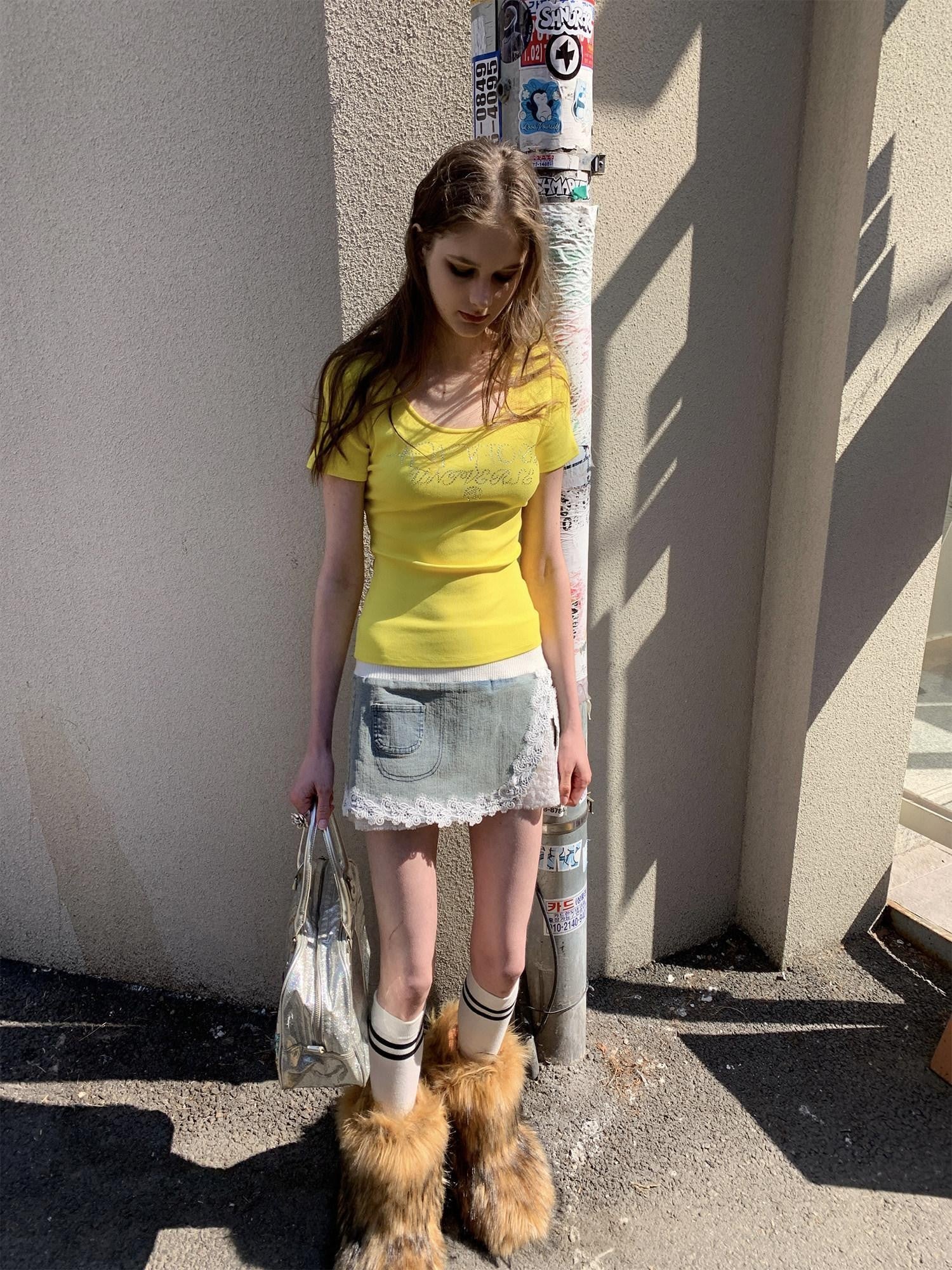 UNIVERSE Bright Yellow Rhinestone Slim Women's Cotton Short Sleeve T-shirts