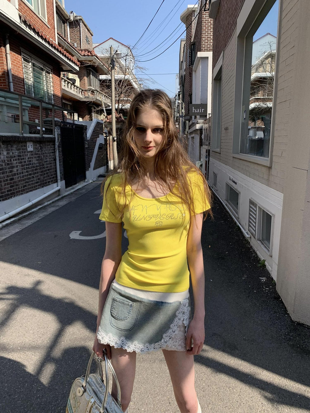 UNIVERSE Bright Yellow Rhinestone Slim Women's Cotton Short Sleeve T-shirts