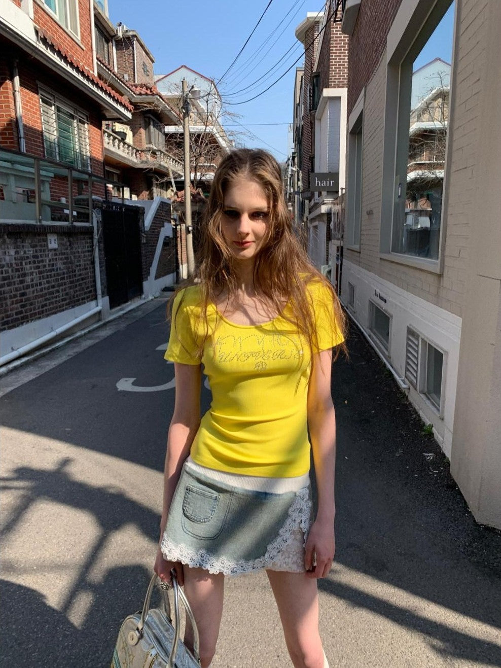 UNIVERSE Bright Yellow Rhinestone Slim Women's Cotton Short Sleeve T-shirts