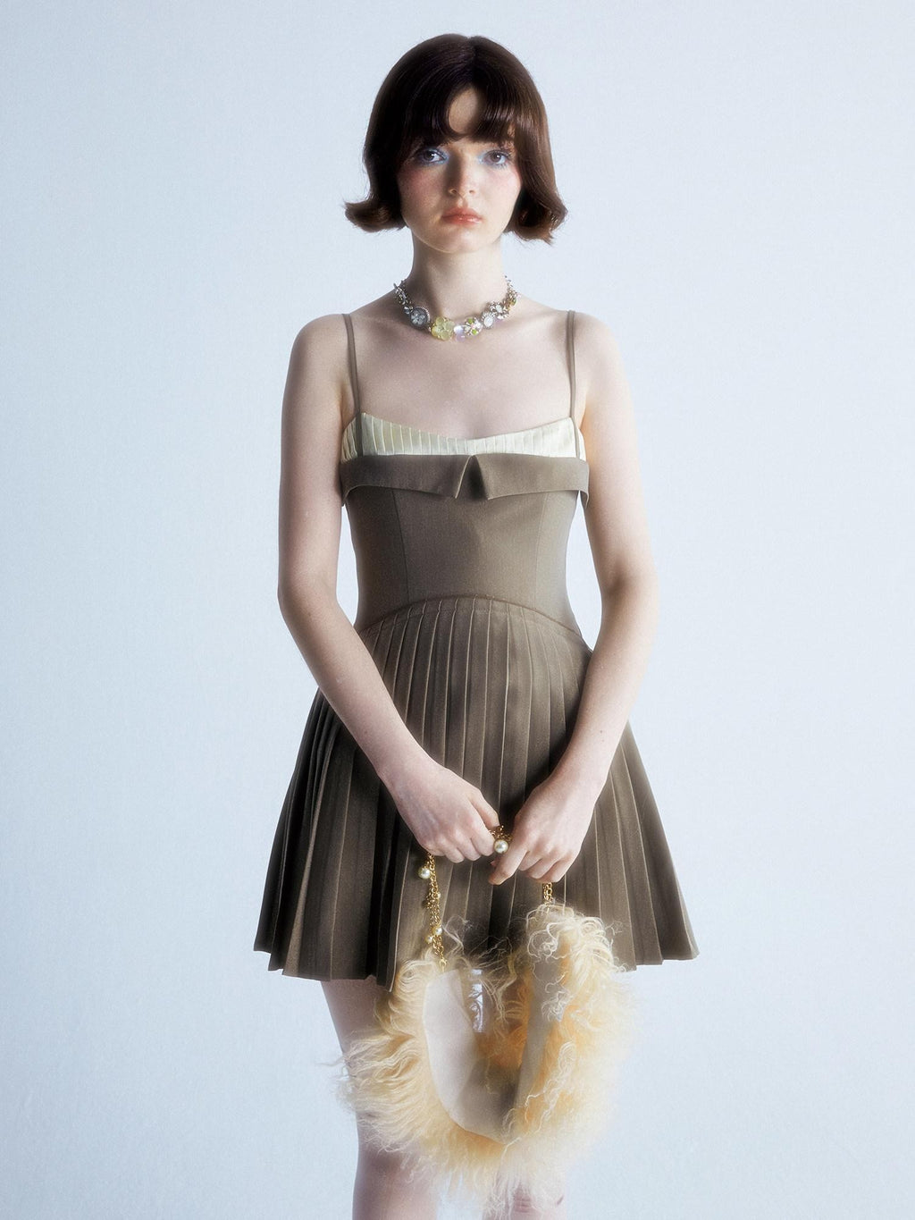 UNIVERSE Brown Pleated Spliced High Waist Aline Strappy Women's Slip Mini Dresses
