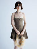 UNIVERSE Brown Pleated Spliced High Waist Aline Strappy Women's Slip Mini Dresses