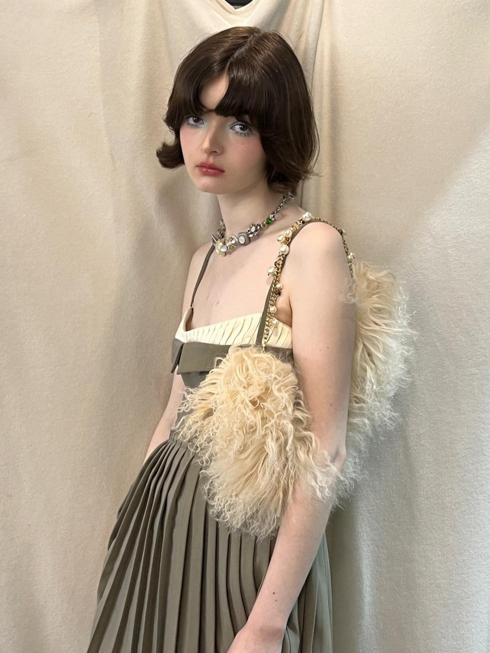 UNIVERSE Brown Pleated Spliced High Waist Aline Strappy Women's Slip Mini Dresses
