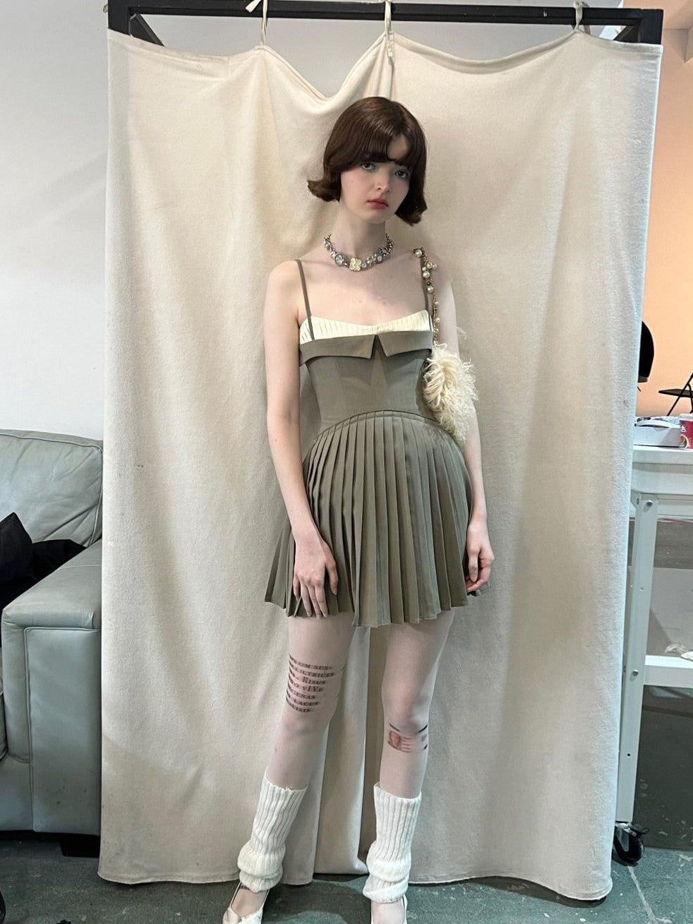 UNIVERSE Brown Pleated Spliced High Waist Aline Strappy Women's Slip Mini Dresses