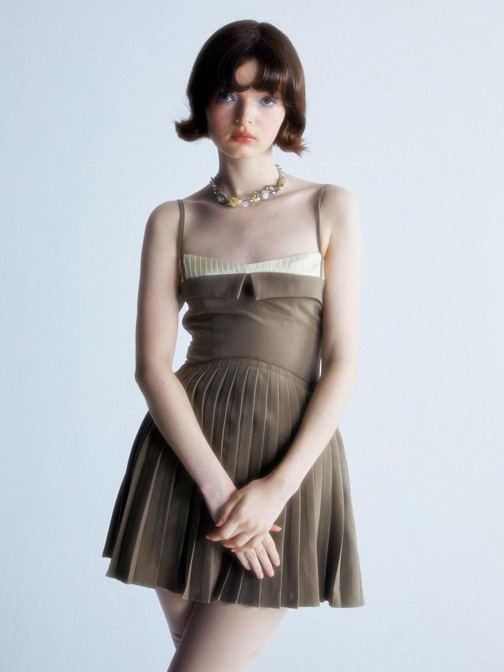 UNIVERSE Brown Pleated Spliced High Waist Aline Strappy Women's Slip Mini Dresses
