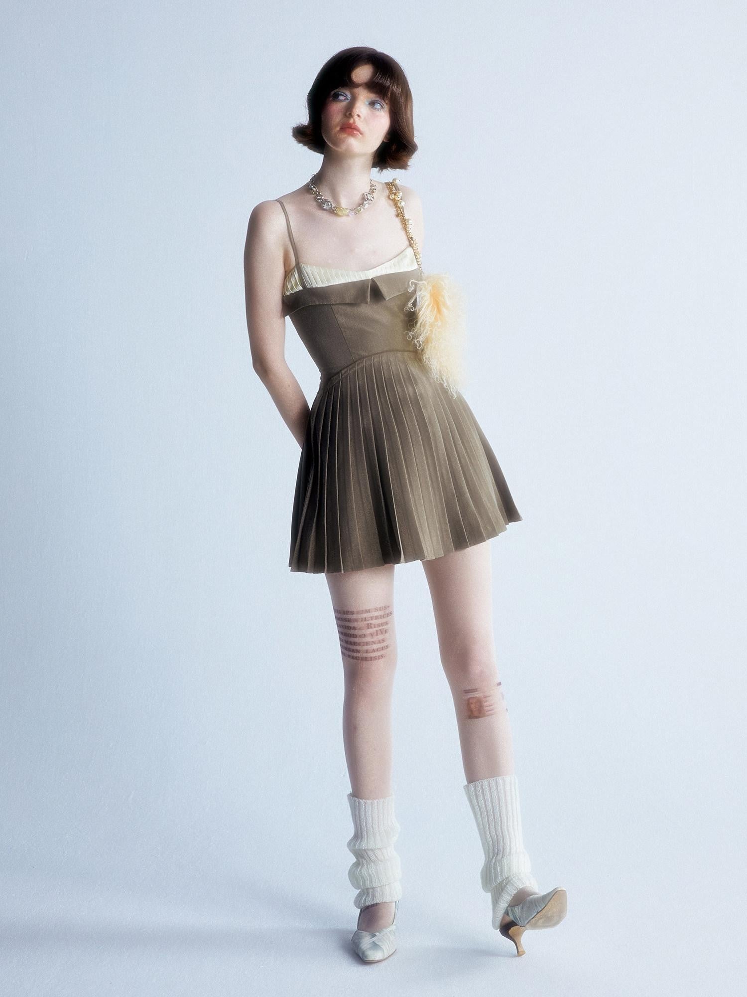 UNIVERSE Brown Pleated Spliced High Waist Aline Strappy Women's Slip Mini Dresses